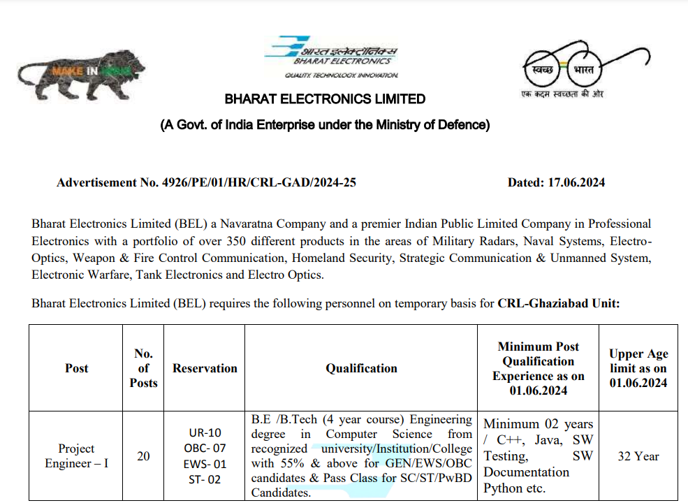 Bharat Electronics Limited (BEL) Recruitment for Project Engineer – I (2024-25)